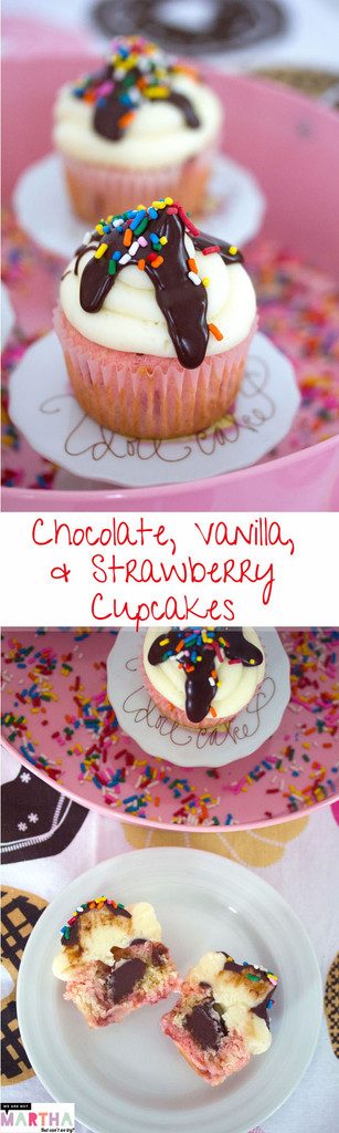 Chocolate, Vanilla, and Strawberry Cupcakes -- Classic ice cream flavors in cupcake form | wearenotmartha.com