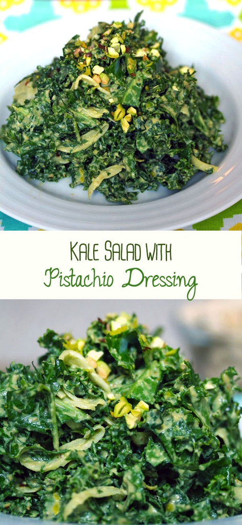 Chopped Kale Salad with Pistachio Dressing -- This is officially the best kale salad ever. An incredibly easy-to-make side dish or appetizer, this kale salad will drive any kale lover crazy and will turn any anti-kale-er into a full-on kale fanatic | wearenotmartha.com #kale #salad #pistachios #healthy #kale salad