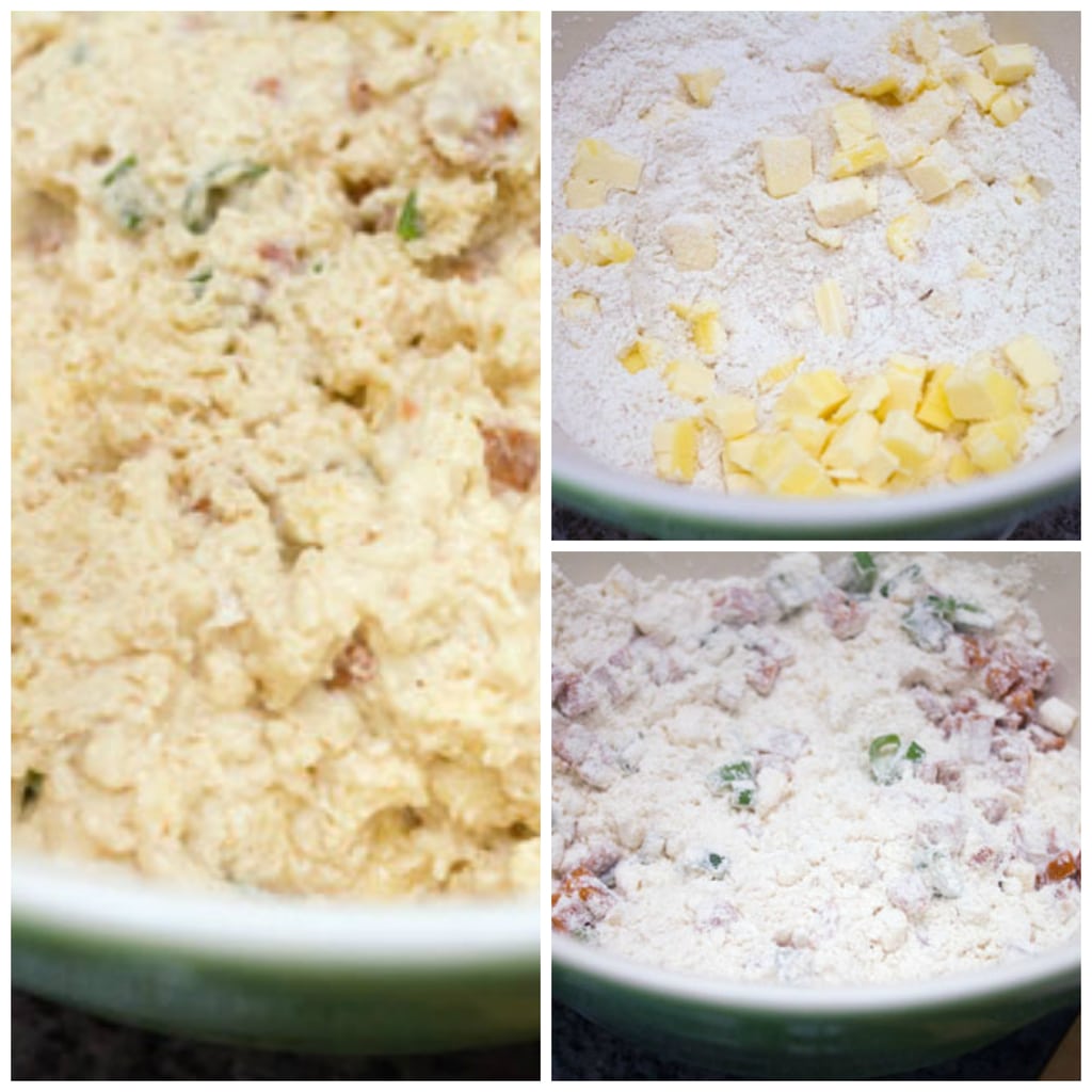 Collage showing process for making chorizo biscuits, including butter being mixed into dry mixture, chorizo and scallions being mixed in, and batter ready to be baked