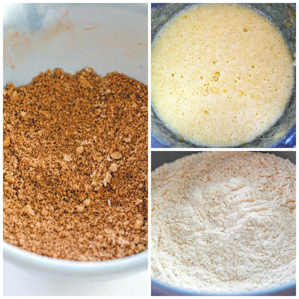 Collage showing process for making cinnamon loaf cake including cinnamon and brown sugar streusel in a bowl, batter mixed together, and flour mixture for batter in bowl