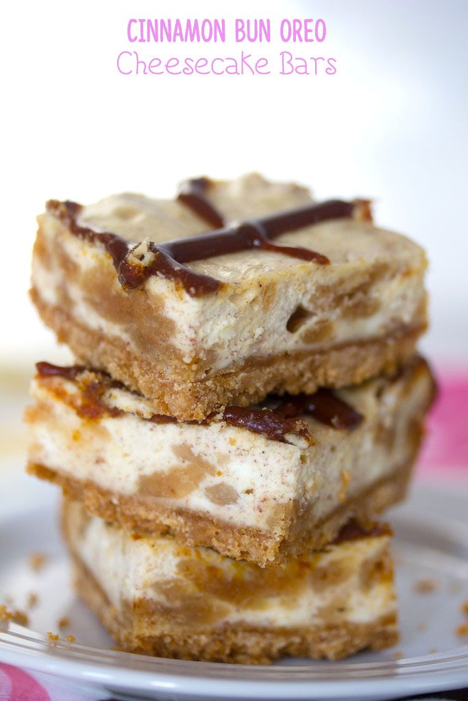 Cinnamon Bun Oreo Cheesecake Bars -- These Cheesecake Bars use Cinnamon Bun Oreo Cookies in the cookie crust and and the cheesecake filling | wearenotmartha.com