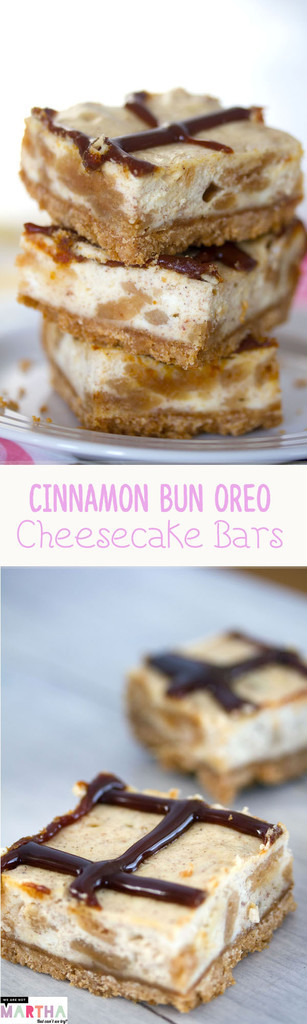 Cinnamon Bun Oreo Cheesecake Bars -- These Cheesecake Bars use Cinnamon Bun Oreo Cookies in the cookie crust and and the cheesecake filling | wearenotmartha.com