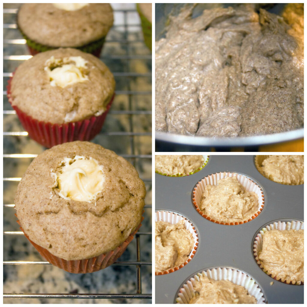 Collage showing process for making cinnamon cupcakes with pumpkin coffee cream cheese frosting, including cinnamon cupcake batter in bowl; batter in cupcake papers; and cupcakes baked, cored, and filled with frosting