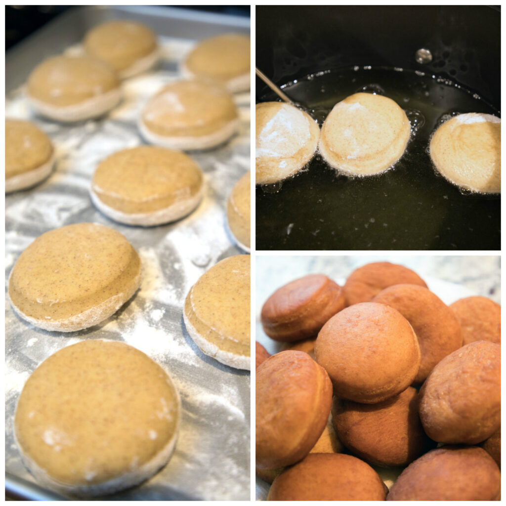 Collage showing process for making cinnamon doughnuts, including doughnuts rising on baking sheet, doughnuts frying in oil, and doughnuts cooling after being fried.