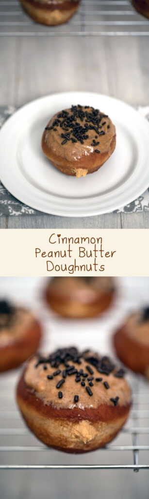 Cinnamon Peanut Butter Doughnuts -- Deliciously fried donuts filled with peanut butter cream and topped with a cinnamon peanut butter glaze | wearenotmartha.com