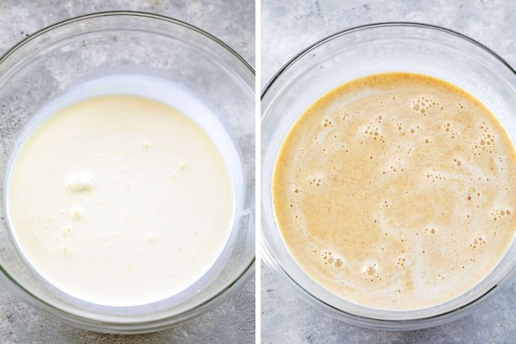 Collage showing cream in large bowl and ice cream base ready to chill in large bowl.