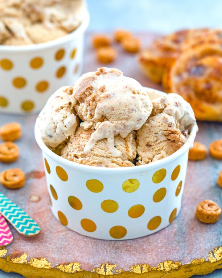 Your favorite breakfast treat is now in ice cream form! This Cinnamon Roll Ice Cream is packed with cinnamon roll dough and a sweet cinnamon swirl.