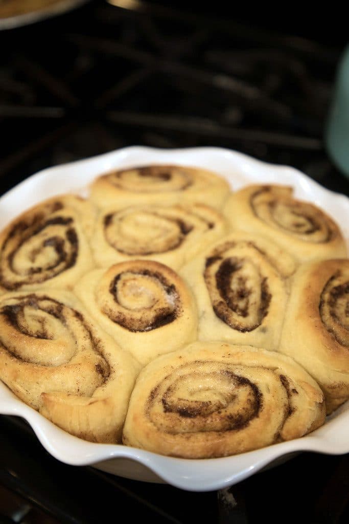 Cinnamon rolls in pan right out of the oven