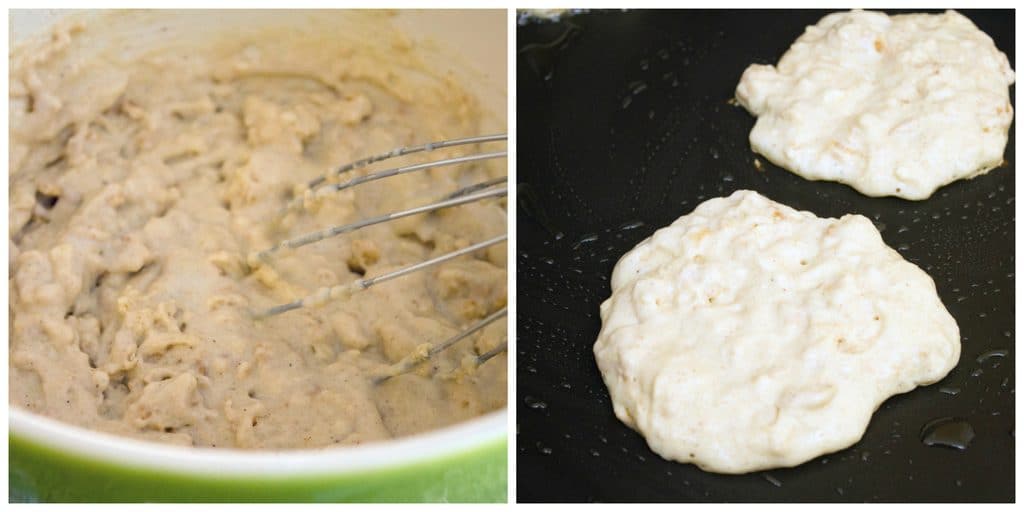 Collage showing batter in a mixing bowl and pancakes being cooked on the griddle