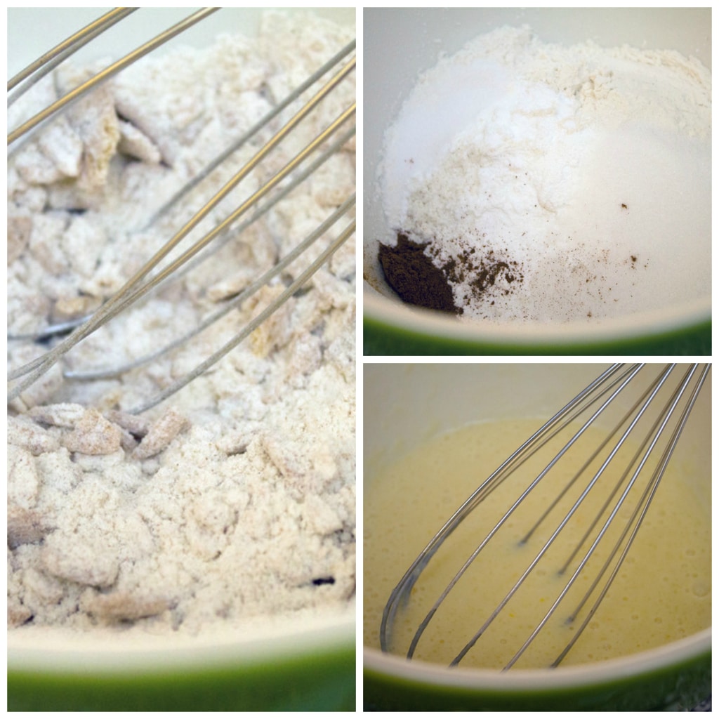 Collage showing the pancake batter making process including whisking dry ingredients in bowl, adding and whisking in crushed Cinnamon Toast Crunch cereal, and whisking together wet ingredients in a bowl