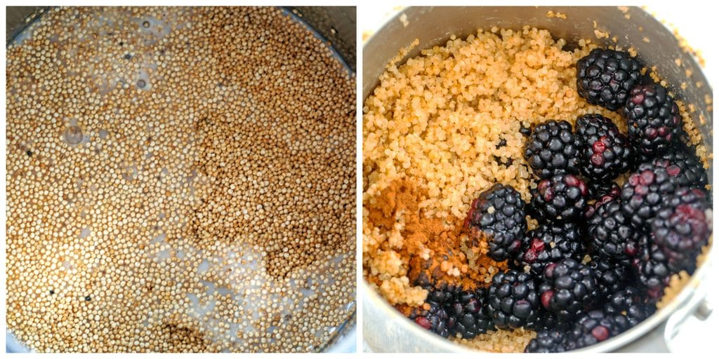 Collage showing process for making cinnamon and blackberry breakfast quinoa, including one photo of quinoa cooking in milk and water and one photo of quinoa cooked with cinnamon and blackberries on top