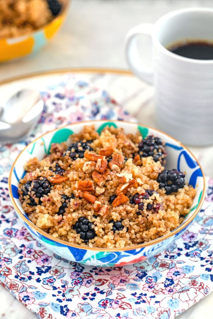 Head-on view of colorful bowl of cinnamon and blackberry breakfast quinoa topped with pecans on a flowered towel with cup of coffee and spoon in the background