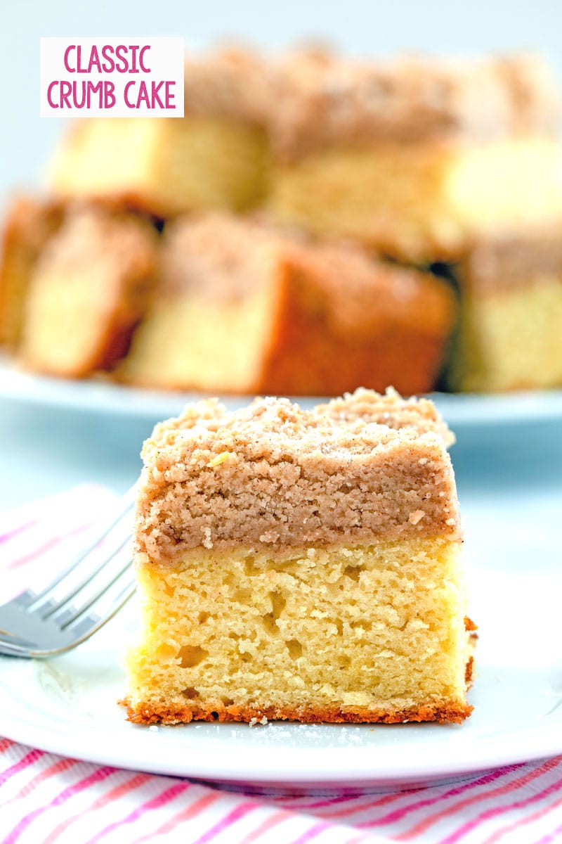 Head-on view of a piece of classic crumb cake on a white plate with fork with a platter of more pieces of cake in the background and recipe title at top