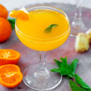 Clementine ginger cocktail in a coupe glass with clementines, ginger, and mint all around