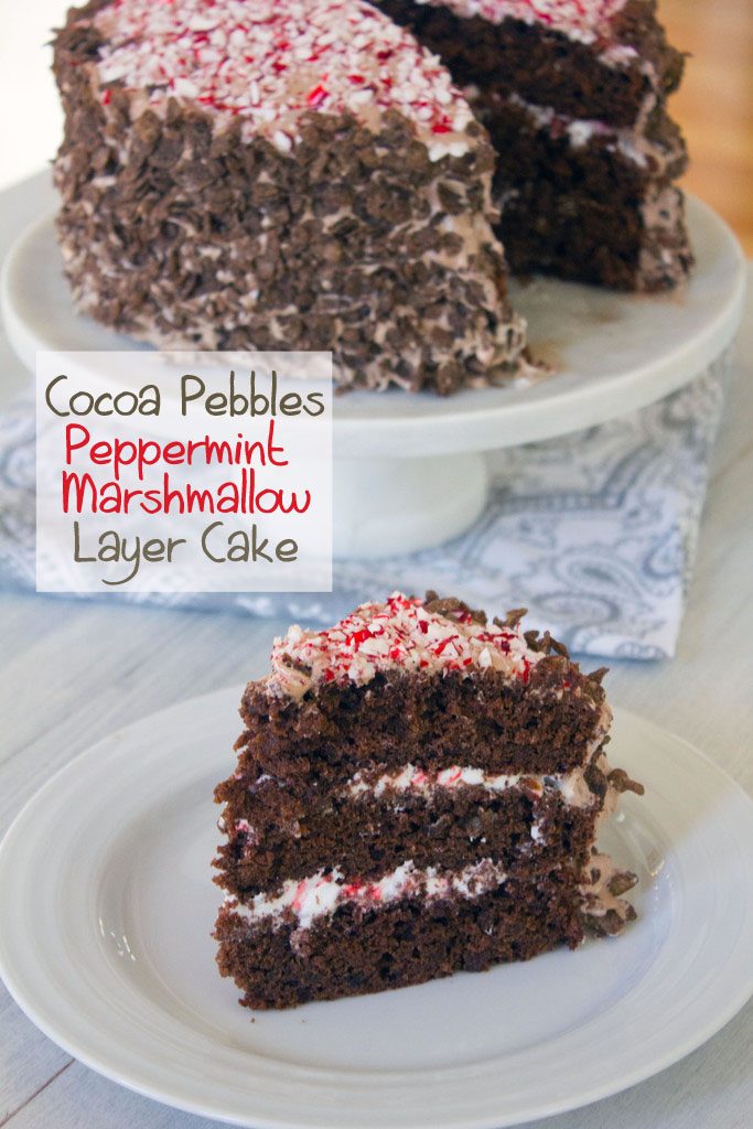 Cocoa Pebbles Peppermint Marshmallow Layer Cake | wearenotmartha.com