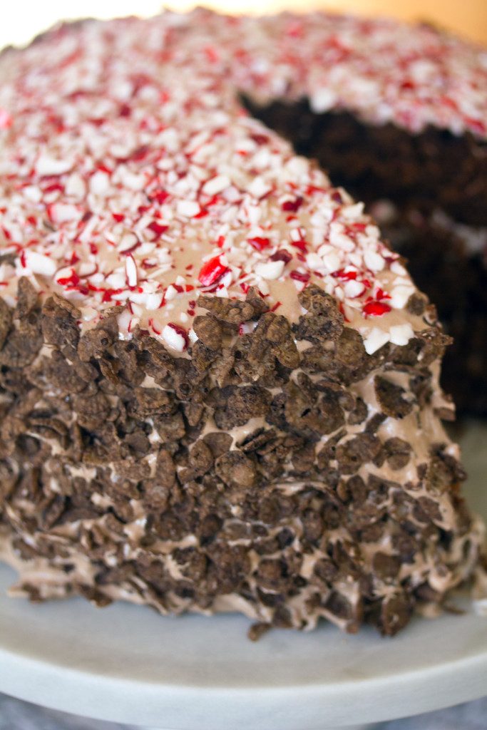 Cocoa Pebbles Peppermint Marshmallow Layer Cake | wearenotmartha.com