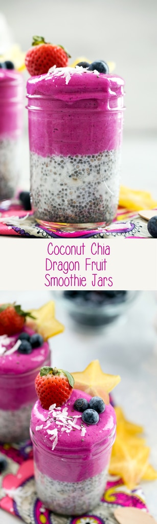 Coconut Chia Dragon Fruit Smoothie Jars -- These 5-ingredient smoothie jars with coconut chia pudding and a banana dragon fruit blend will brighten up your morning with their pretty pink hue and keep you full and satisfied for hours | wearenotmartha.com
