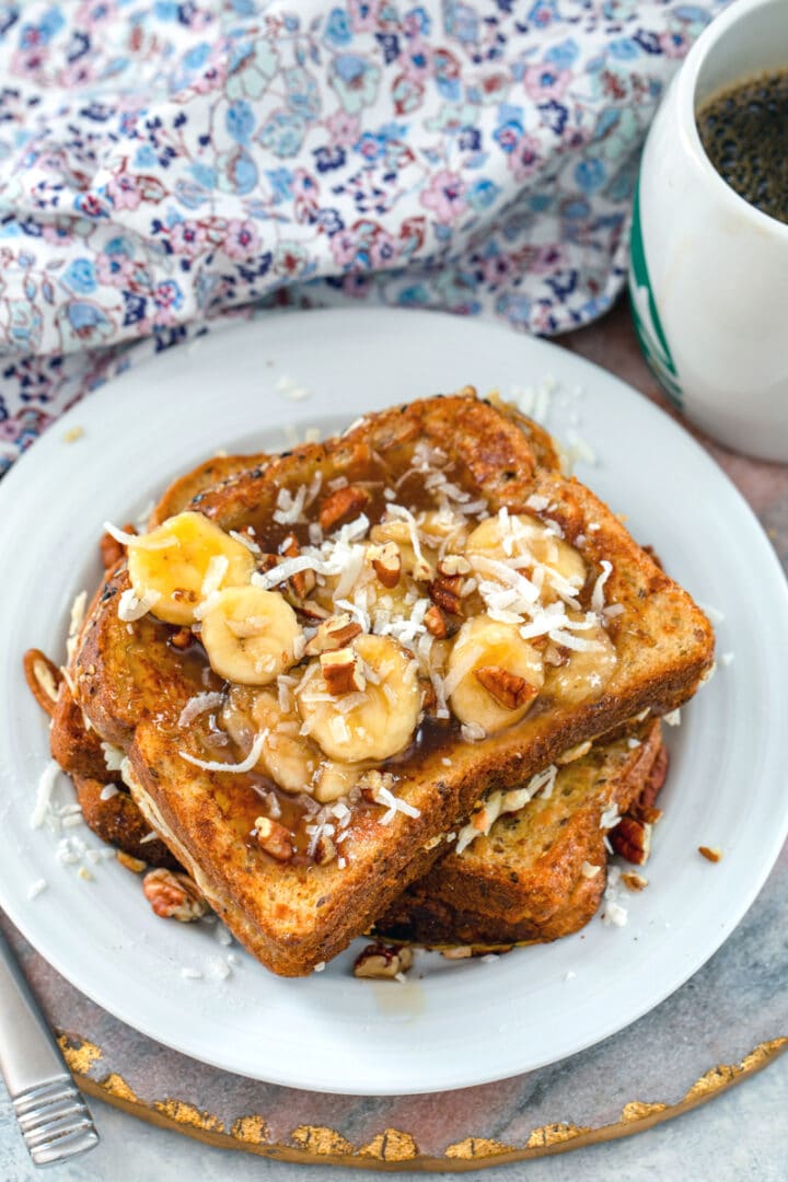 Whole Wheat Coconut French Toast with Banana Pecan Caramel Sauce
