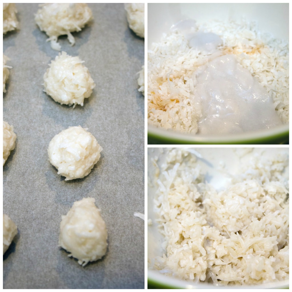 Collage showing process for making coconut truffles, including shredded coconut, coconut oil, and coconut milk in a bowl, all ingredients blended together in a bowl, and coconut balls formed on baking sheet