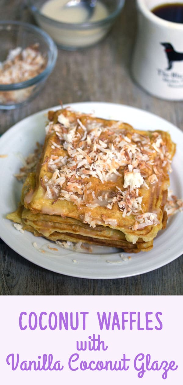 Coconut Waffles with Vanilla Coconut Glaze -- If you love coconut, these waffles are for you! They're even topped with toasted coconut and are the best reason to get out of bed in the morning! | wearenotmartha.com #waffles #coconut #brunch #breakfast