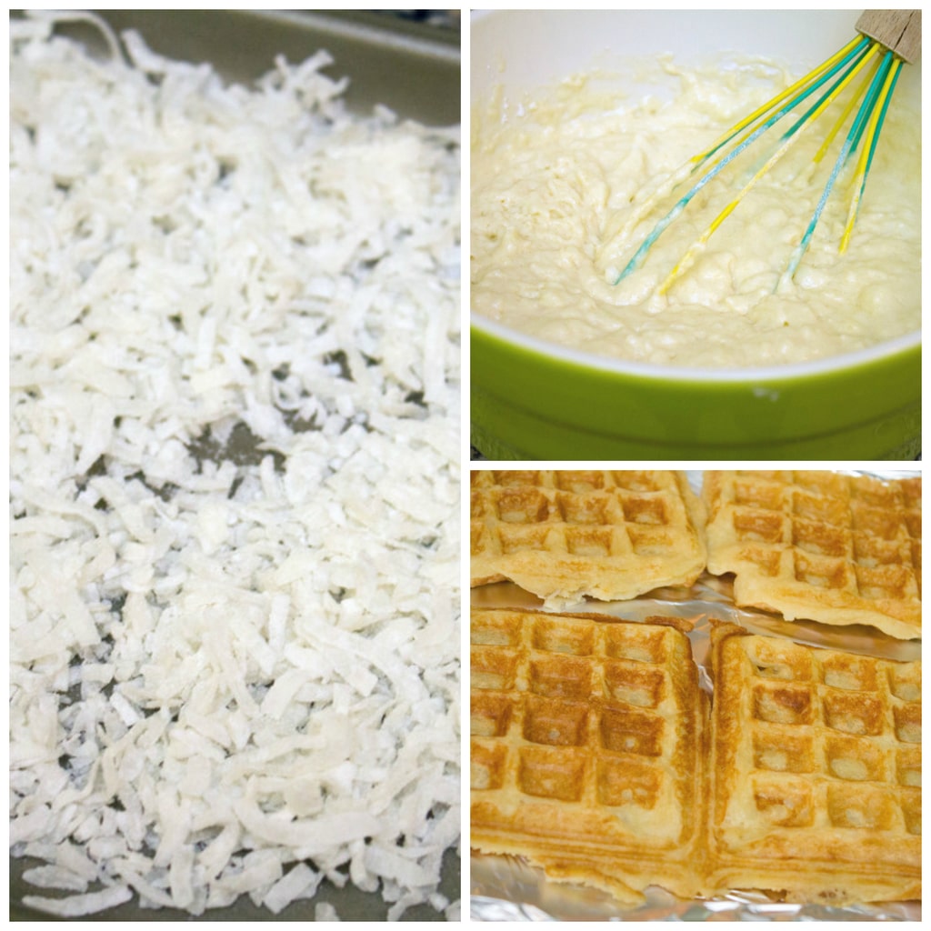 Collage showing making of coconut waffles with vanilla coconut glaze, including toasted coconut on baking sheet, waffle batter, and waffles on baking sheet