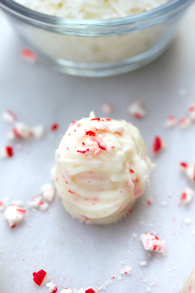 Head-on closeup of candy cane truffle surrounded by crushed candy canes with a bowl of shredded coconut in the background