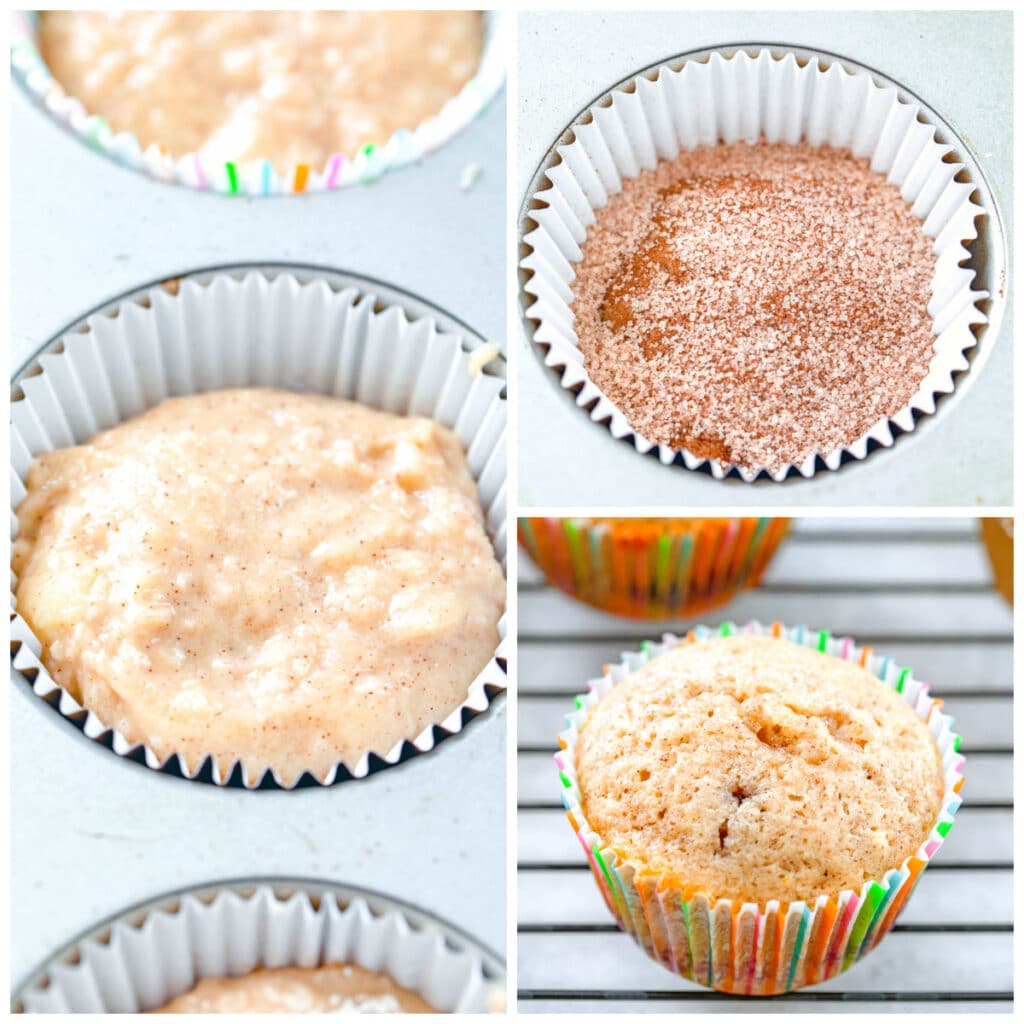 Collage showing process for making cupcakes, including batter in cupcake papers, cinnamon/sugar mixture in cupcake papers, and cupcake cooling on rack