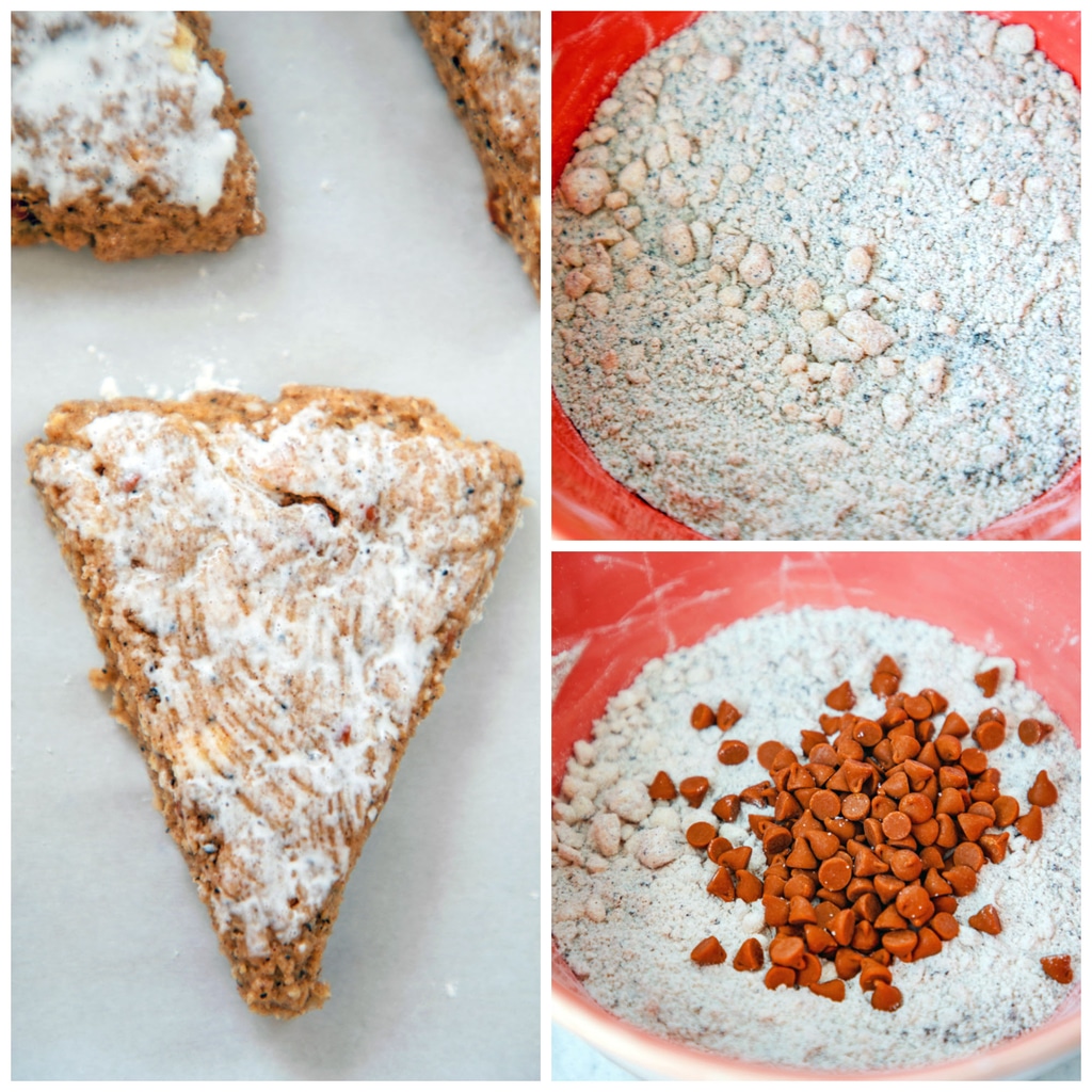 Collage showing coffee cinnamon scone making, including dry ingredients with butter blended in, dry ingredients with cinnamon chips mixed in, and scones sliced and brushed with cream