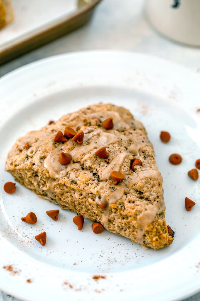 Close-up overhead view of a coffee cinnamon scone on a white plate with cinnamon chips scattered around