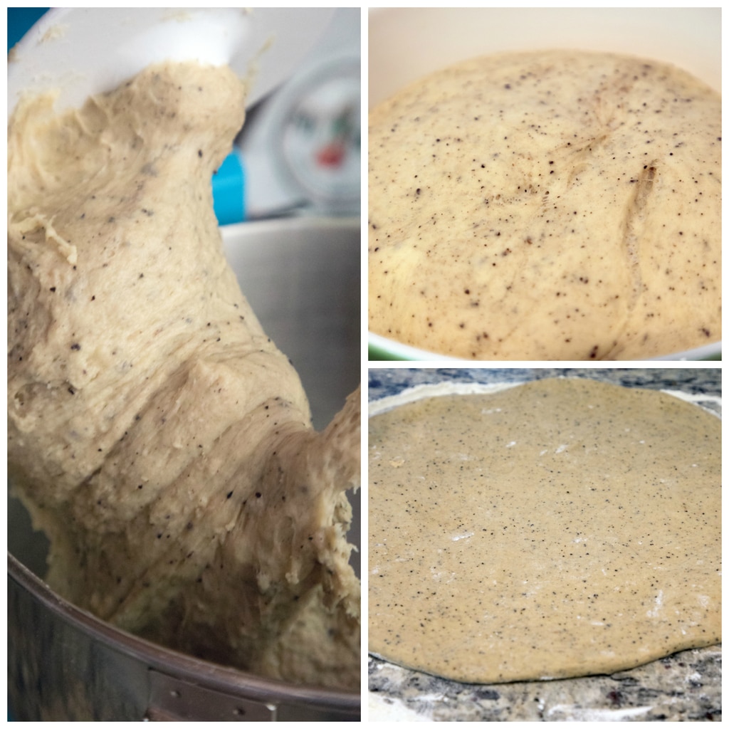 collage showing donut dough being kneaded in mixer, rising in a bowl, and being rolled out on floured counter