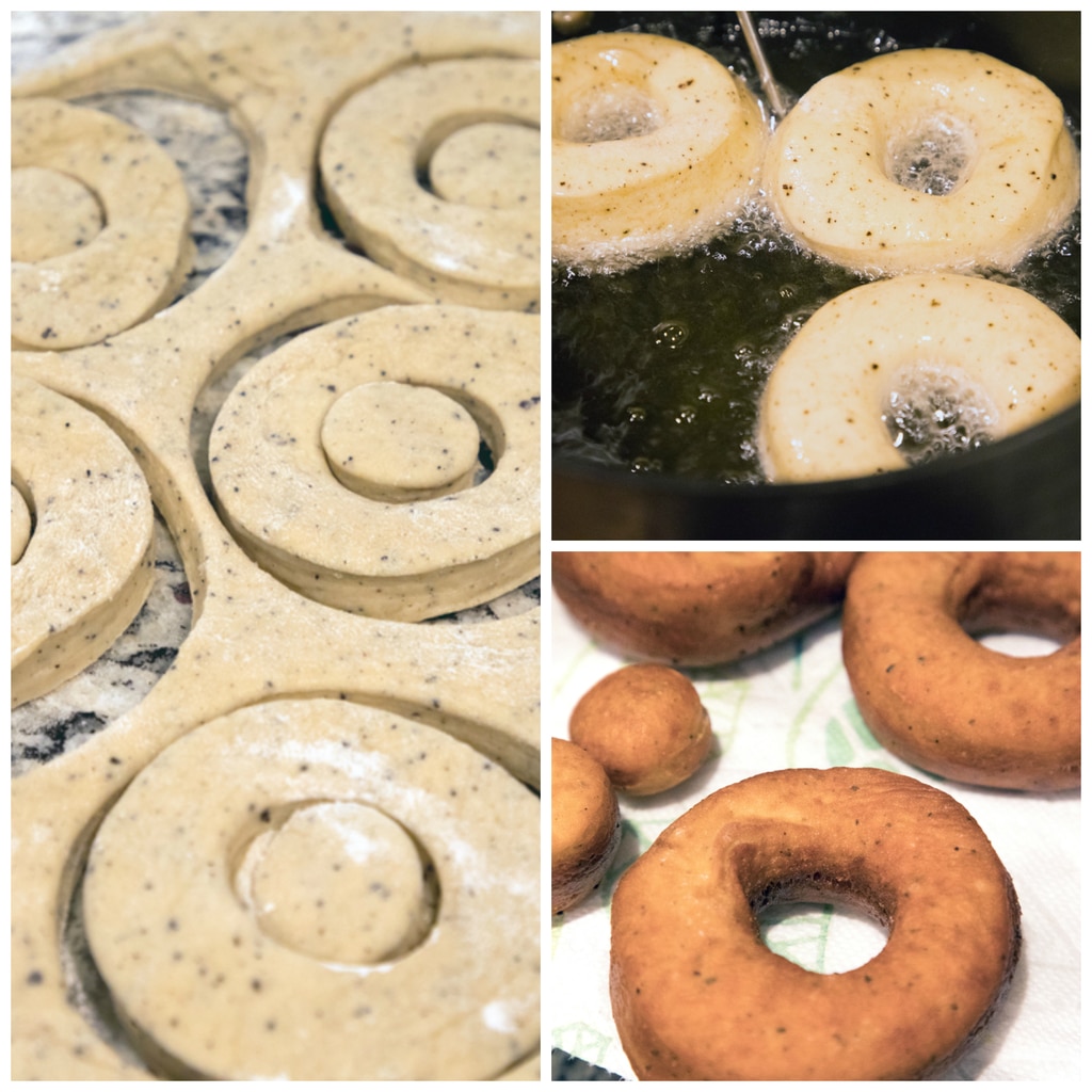 Collage showing donuts being cut from dough, being fried in oil, and resting after being fried