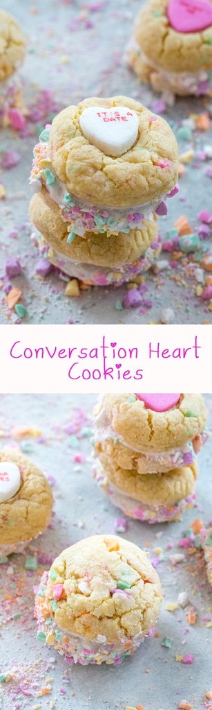Conversation Heart Cookies with Marshmallow Fluff -- Put those conversation hearts to good use this Valentine's Day by baking Conversation Heart Cookies. Marshmallow fluff is sandwiched between two colorful candy confetti-packed sugar cookies and will instantly have you falling in love | wearenotmartha.com #valentinesday #conversationhearts #cookies