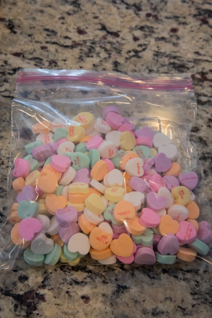 Conversation Hearts in bag before being crushed