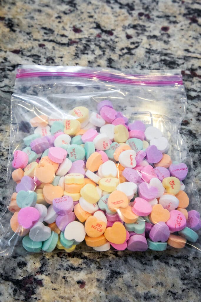 Conversation Hearts in bag before being crushed.