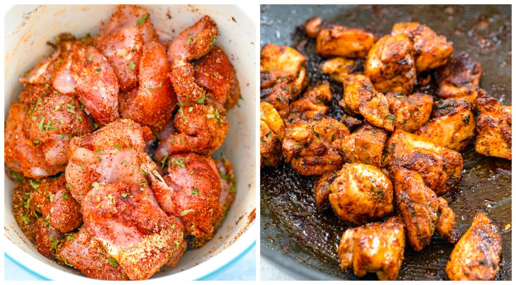 Collage showing process for cooking chicken, including chicken with spices in a bowl and chicken cooked to golden in a skillet