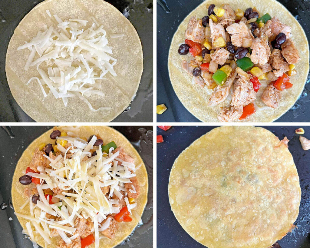 Collage showing process for making quesadilla, including adding cheese, adding filling, adding more cheese, and adding second corn tortilla on top.