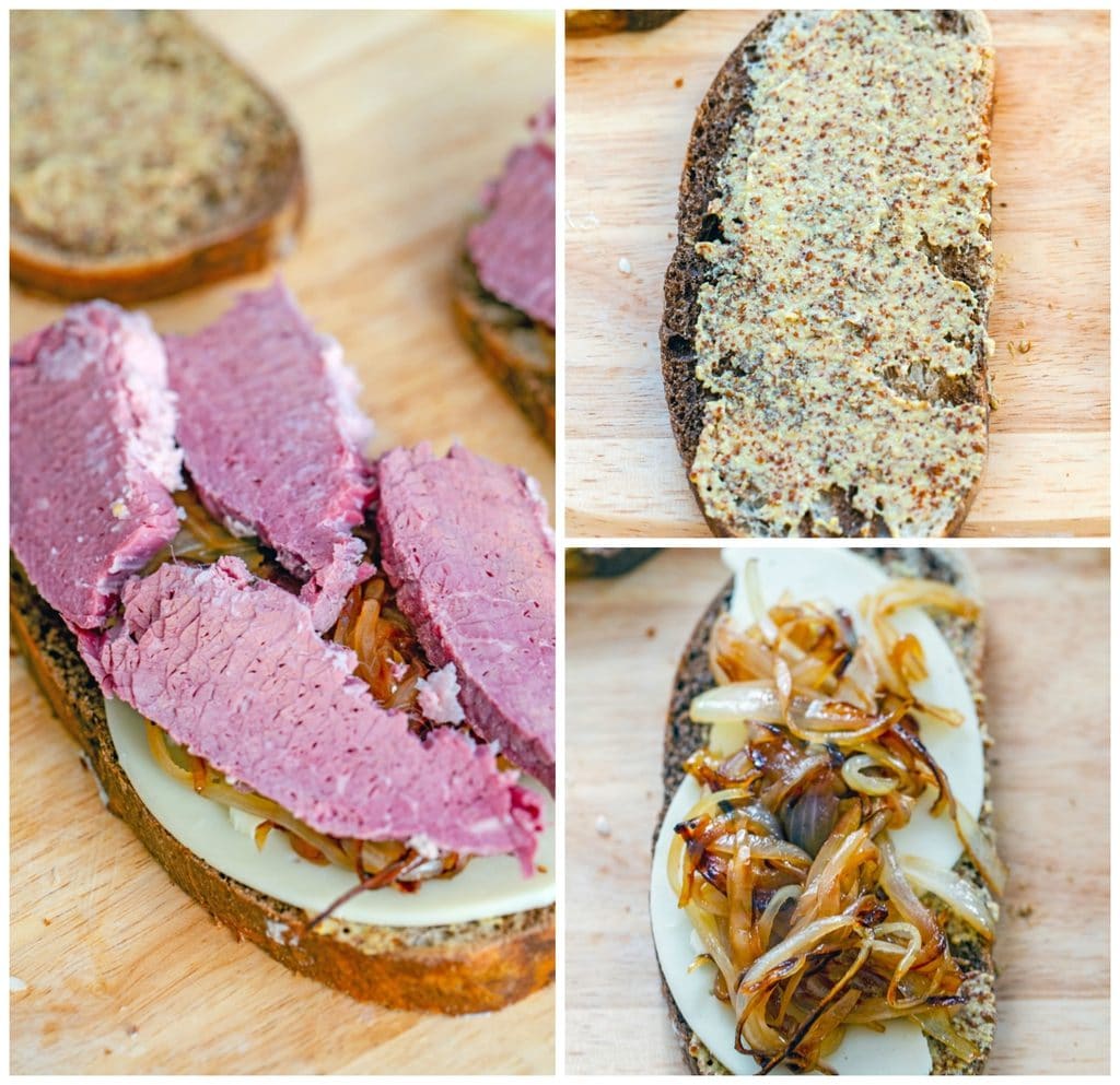 Collage showing process for making corned beef melts, including rye bread spread with mustard, bread topped with cheese and onions, and bread with corned beef layered on top