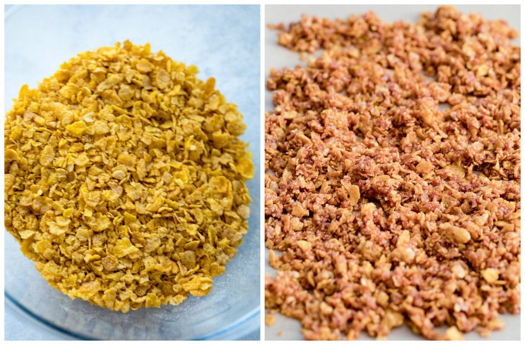 A collage showing a bowl of crushed Cornflakes and Cornflake Crunch baked on a parchment paper lined baking sheet