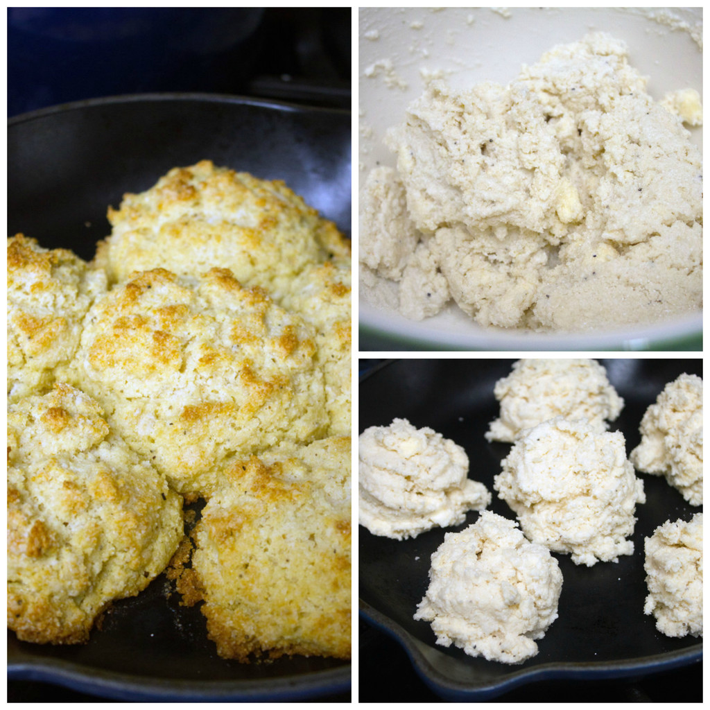 Collage showing biscuit batter in bowl, batter dropped into skillet, and biscuits baked golden in skillet
