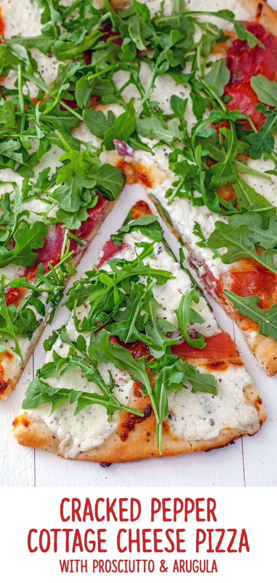 Cracked Pepper Cottage Cheese Pizza with Prosciutto and Arugula