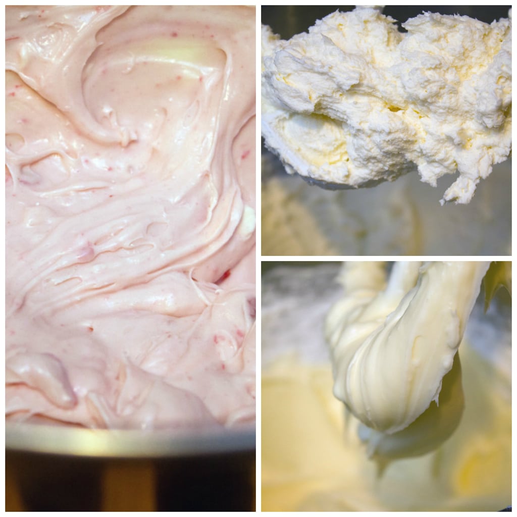 Collage showing process for making cranberry vanilla cream cheese frosting, including butter being beaten in mixer, cream cheese and powdered sugar being beaten with butter and mixer, and cream cheese frosting in bowl with cranberry sauce mixed in