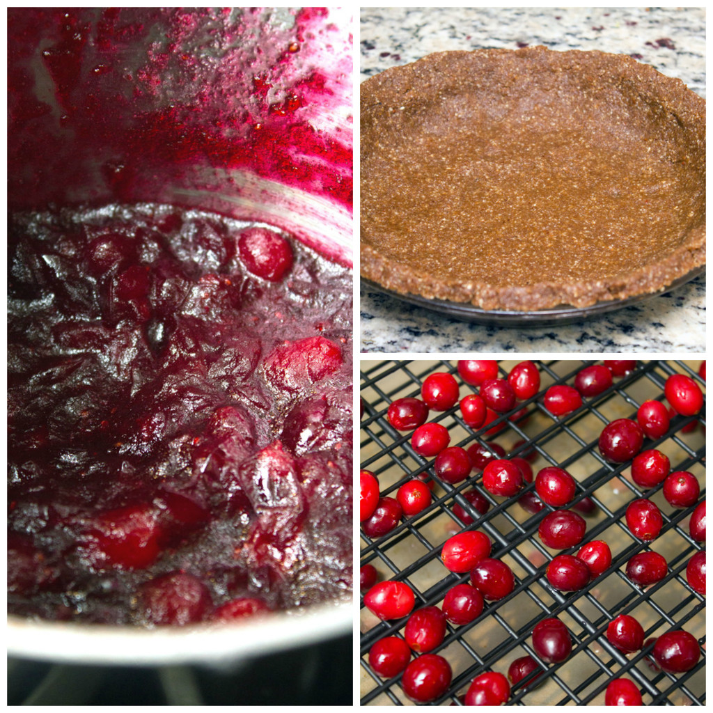 Collage showing process for making cranberry lime pie, including cranberry sauce cooking in saucepan, gingersnap pecan crus in pie plate, and cranberries drying on rack