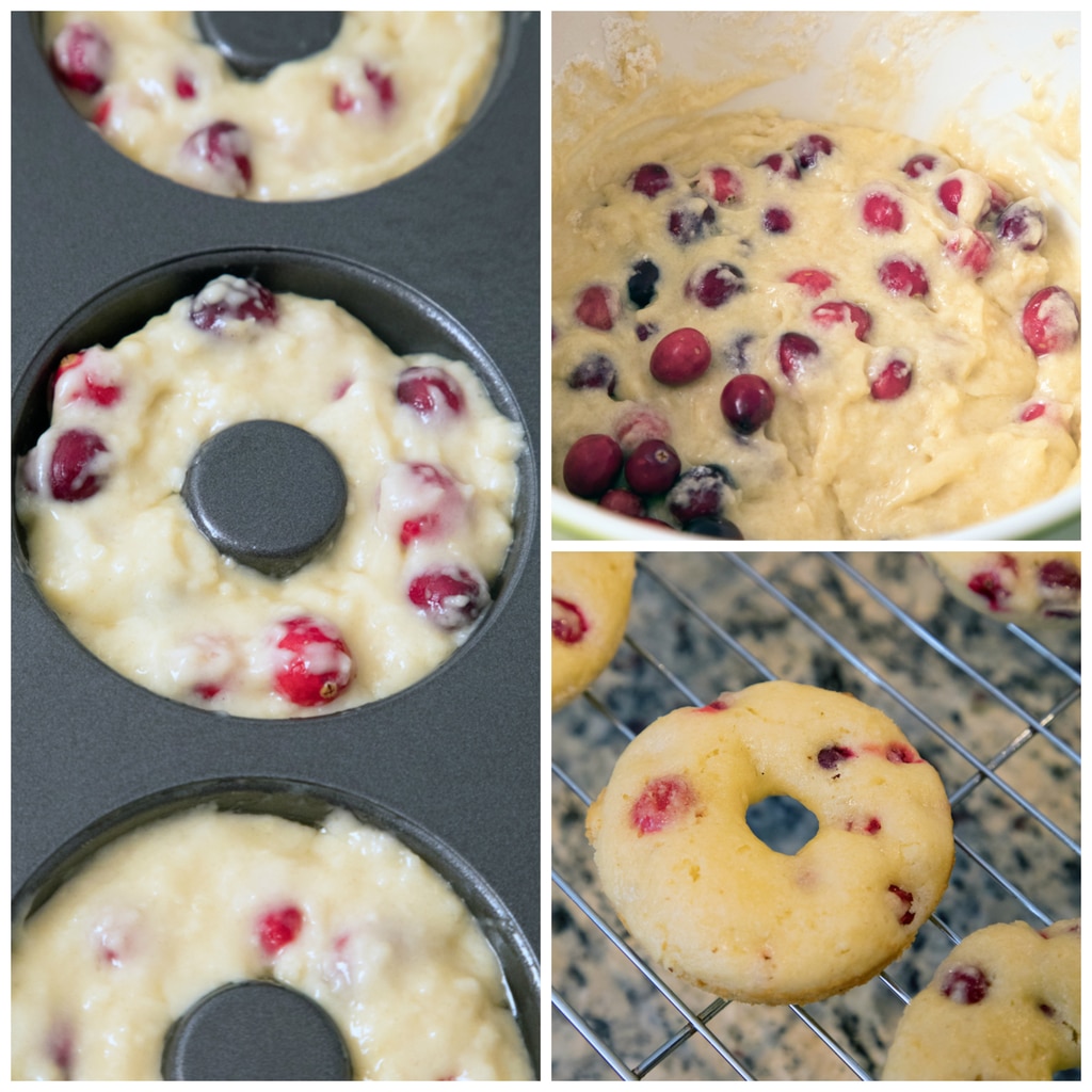 Collage showing donut batter with cranberries in a bowl, batter in the donut tin, and baked donuts just out of the oven on a baking rack