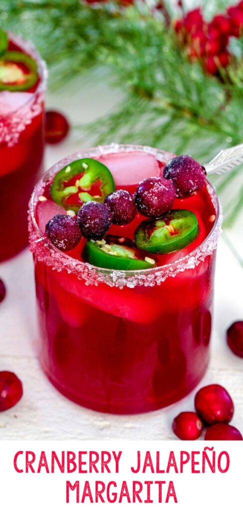 Cranberry Jalapeño Margarita -- Homemade cranberry juice, jalapeño simple syrup, and tequila are the main ingredients in this festive and flavorful Cranberry Jalapeño Margarita. Cheers to the holiday season! | wearenotmartha.com #margaritas #cranberrycocktails #holidaydrinks #holidaycocktails #christmasdrinks