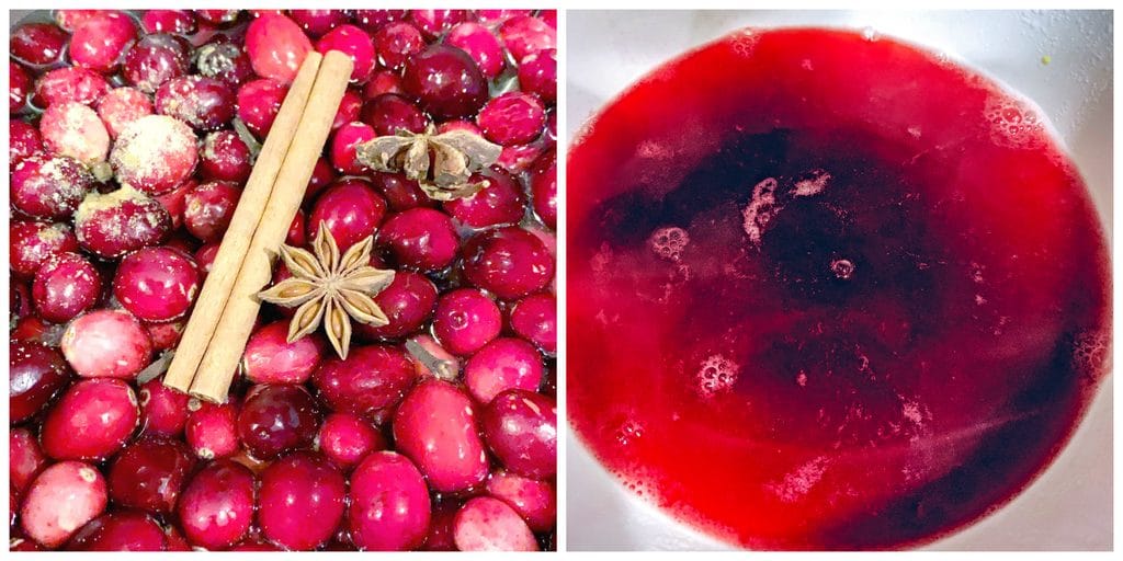 Collage showing process of making homemade cranberry juice, including cranberries simmering with water and spices and cranberry juice in a bowl