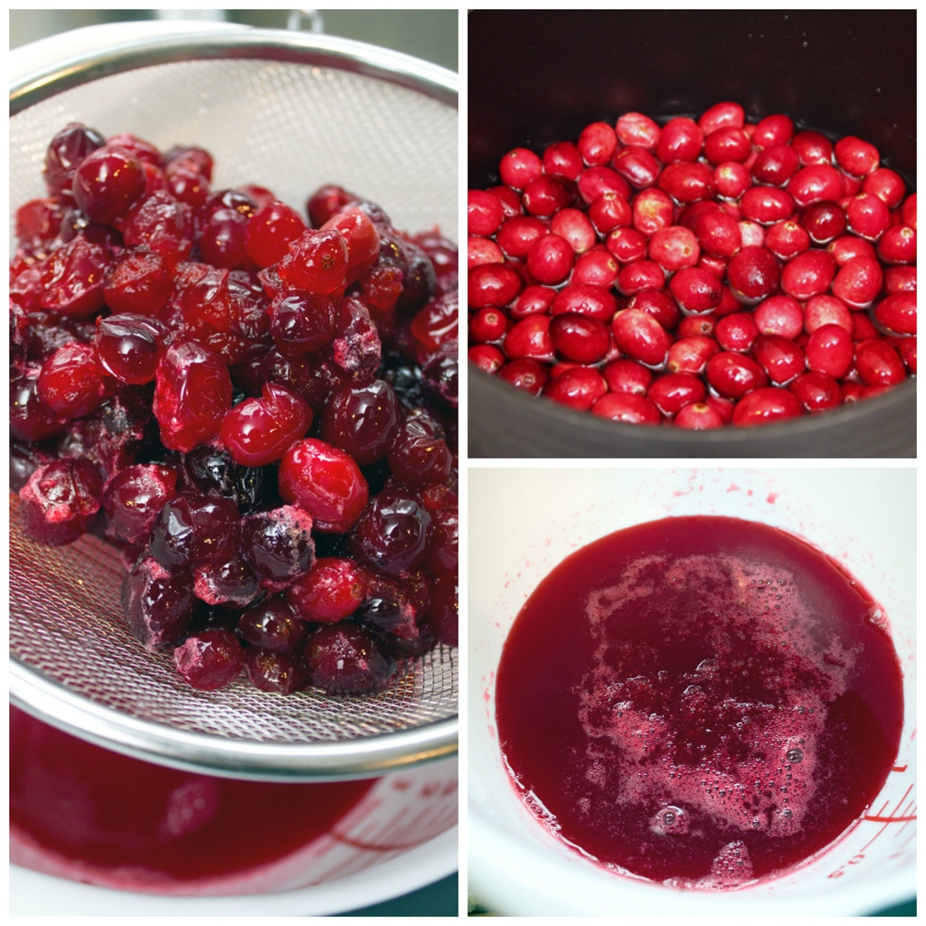 Collage showing cranberries and water in saucepan, cooked cranberries in strainer over bowl, and juice strained from cranberries