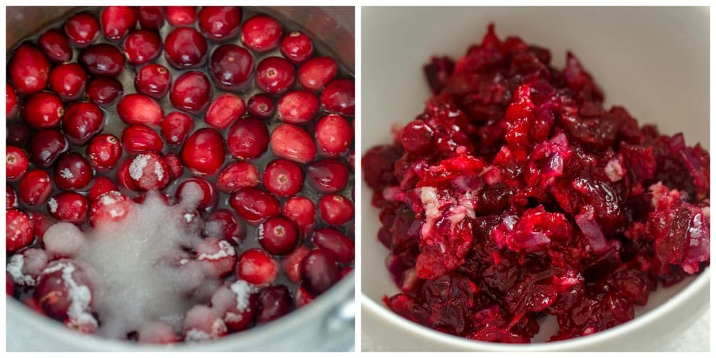 Collage showing cranberry relish making process, including cranberries, sugar, and water in a saucepan and cranberry relish in a white bowl