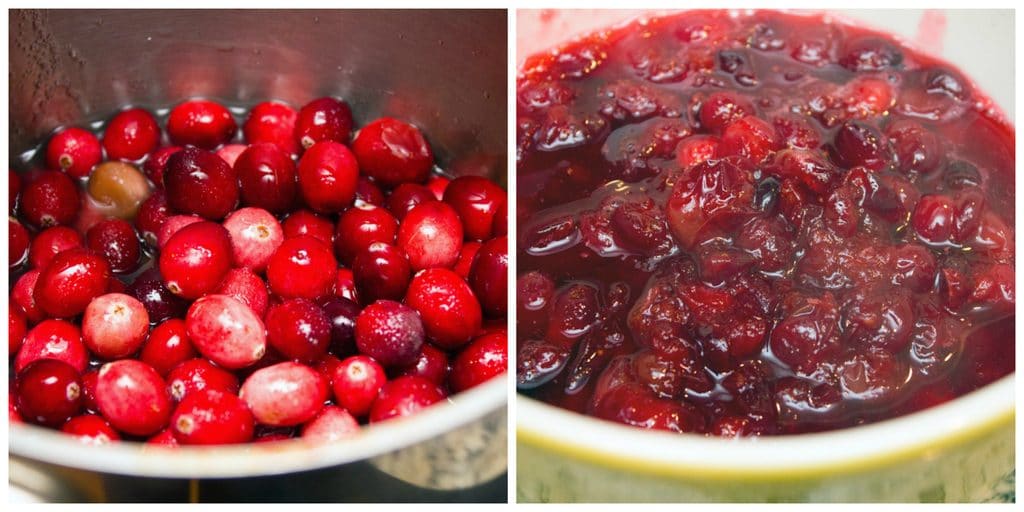 Collage showing process for making cranberry sauce filling, including cranberries, orange juice, and sugar in a pot and finished cranberry sauce cooling in a bowl