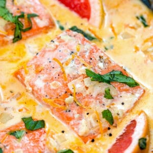 Overhead closeup view of salmon filet in a creamy grapefruit sauce with grapefruit wedges and basil.