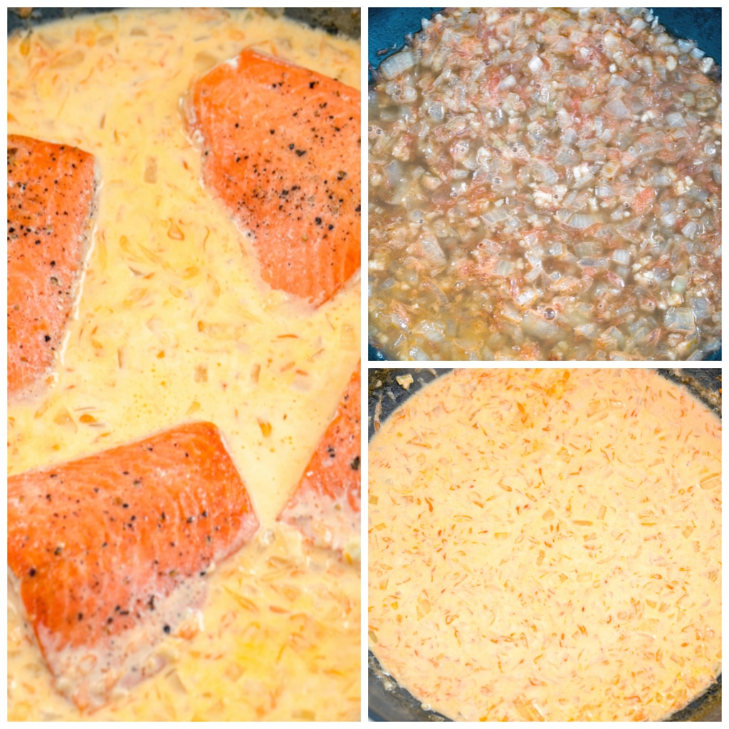 Collage showing process for making cream sauce for salmon, including onions and garlic cooking, grapefruit juice and cream added to skillet, and salmon filets added to skillet.